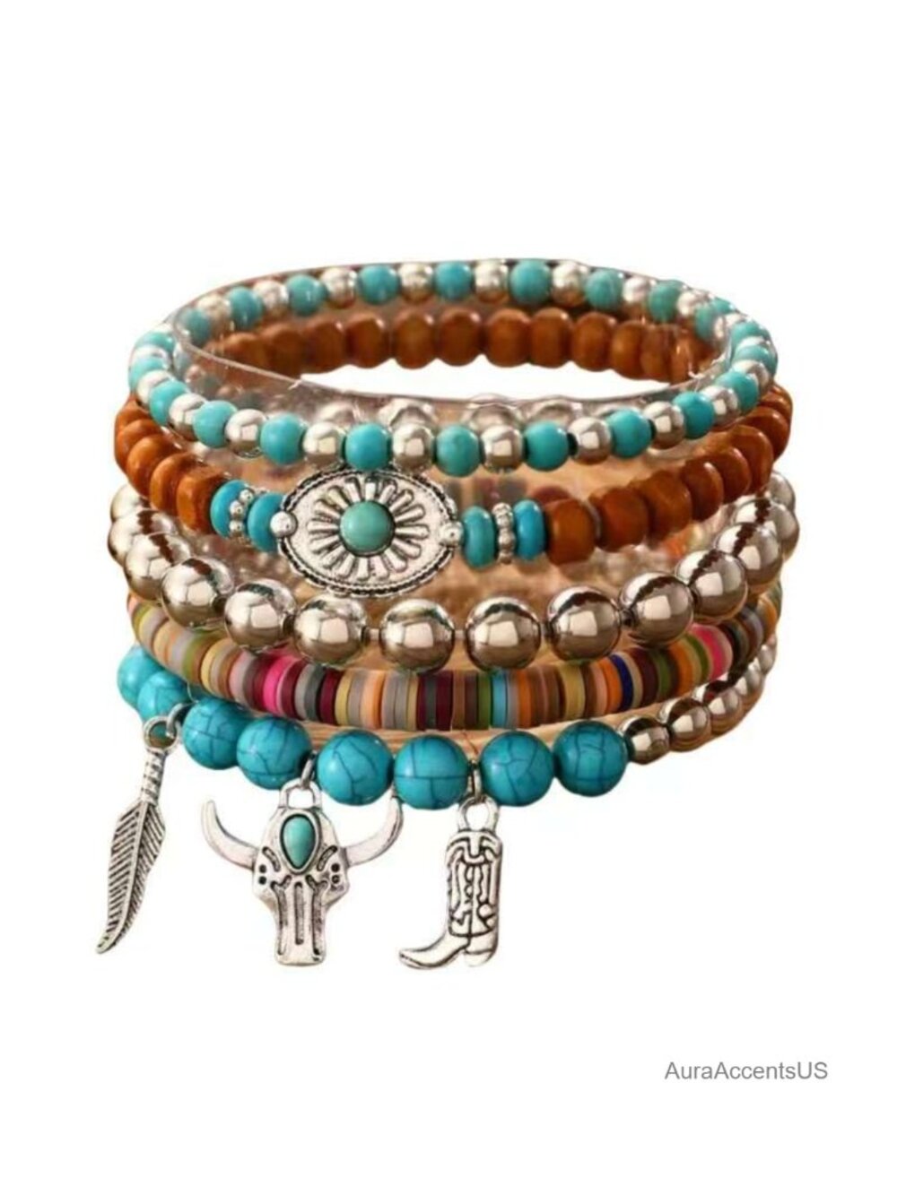 Western Turquoise Beaded Stackable Bracelet Set - Cowgirl Boho Charm Stretch